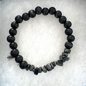 Black Wood and Hematite Stone‎ Chip Beaded Stretch Bracelet Unisex Boho Style
